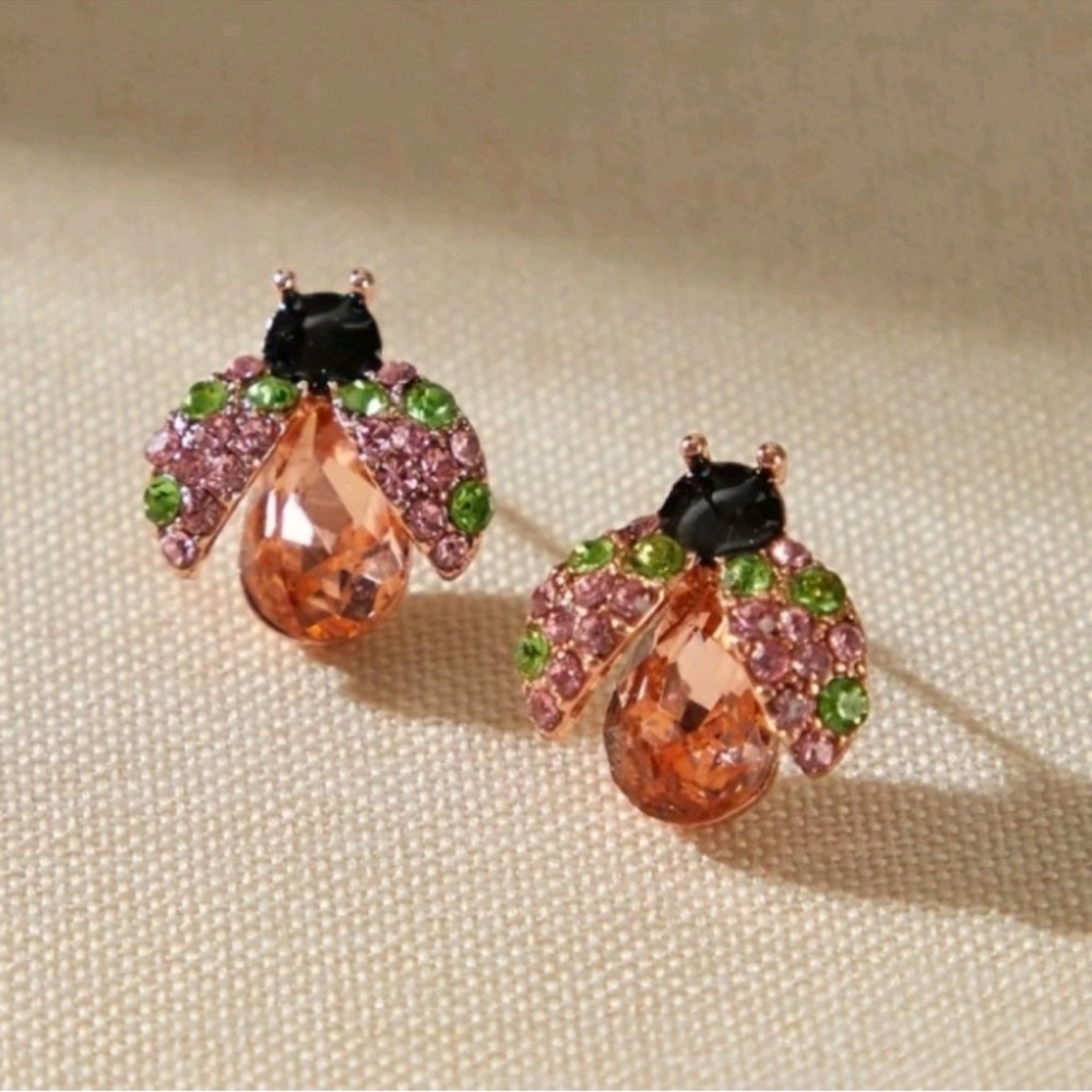 NEW! Chic Ladybug Petite Gold Earrings with Multicolor Crystals
